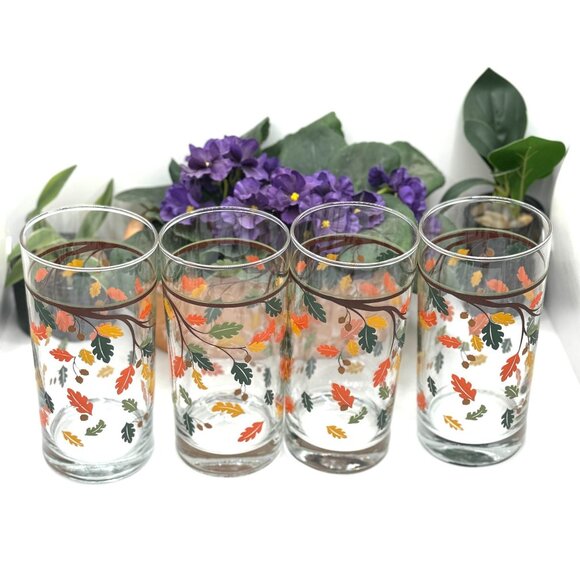 Set Of 4 Vintage Crisa by Libbey Tumblers Glasses Fall Autumn Leaves - Picture 3 of 8